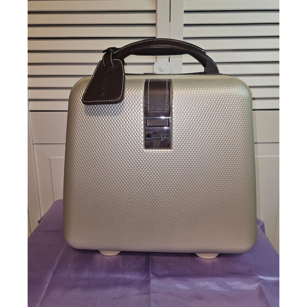 Delsey Vintage Gold Hard Shell Vanity Train Case Travel Bag Brown Trim